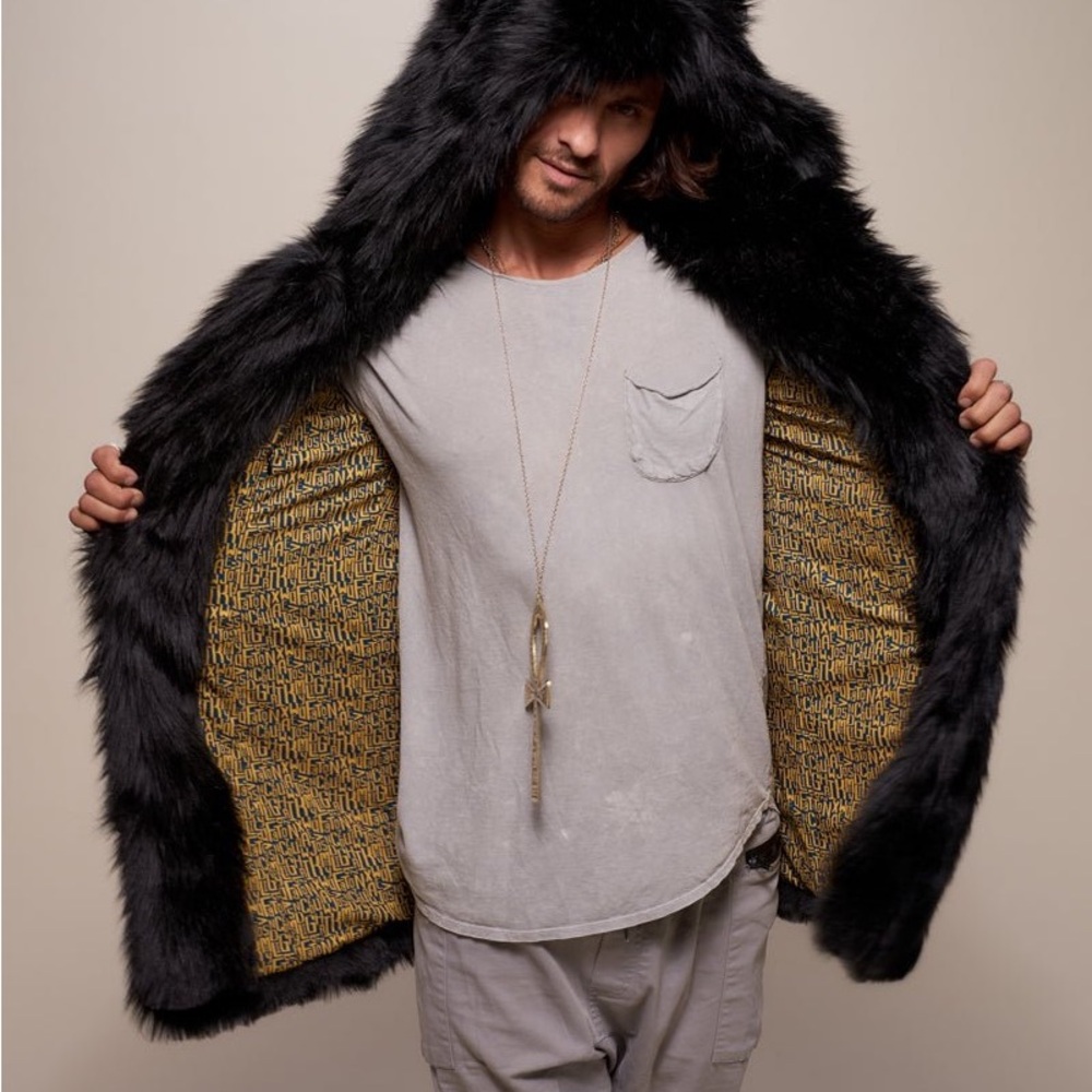 SpiritHoods Black Wolf Faux Fur Coat Hooded Ears Rare L - Picture 2 of 13